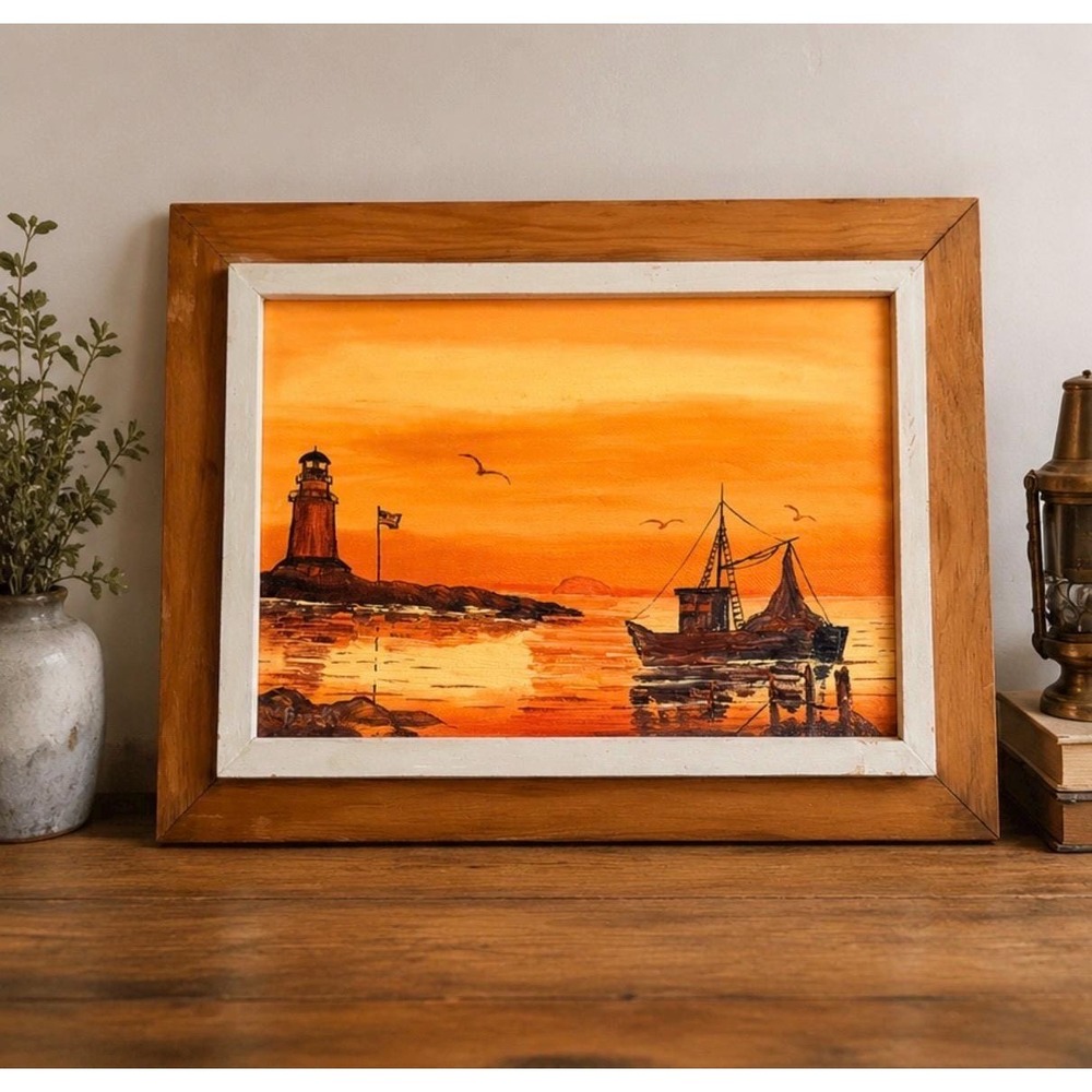 Original Lighthouse Sunset Painting Coastal Nautical Framed Art Signed Acrylic